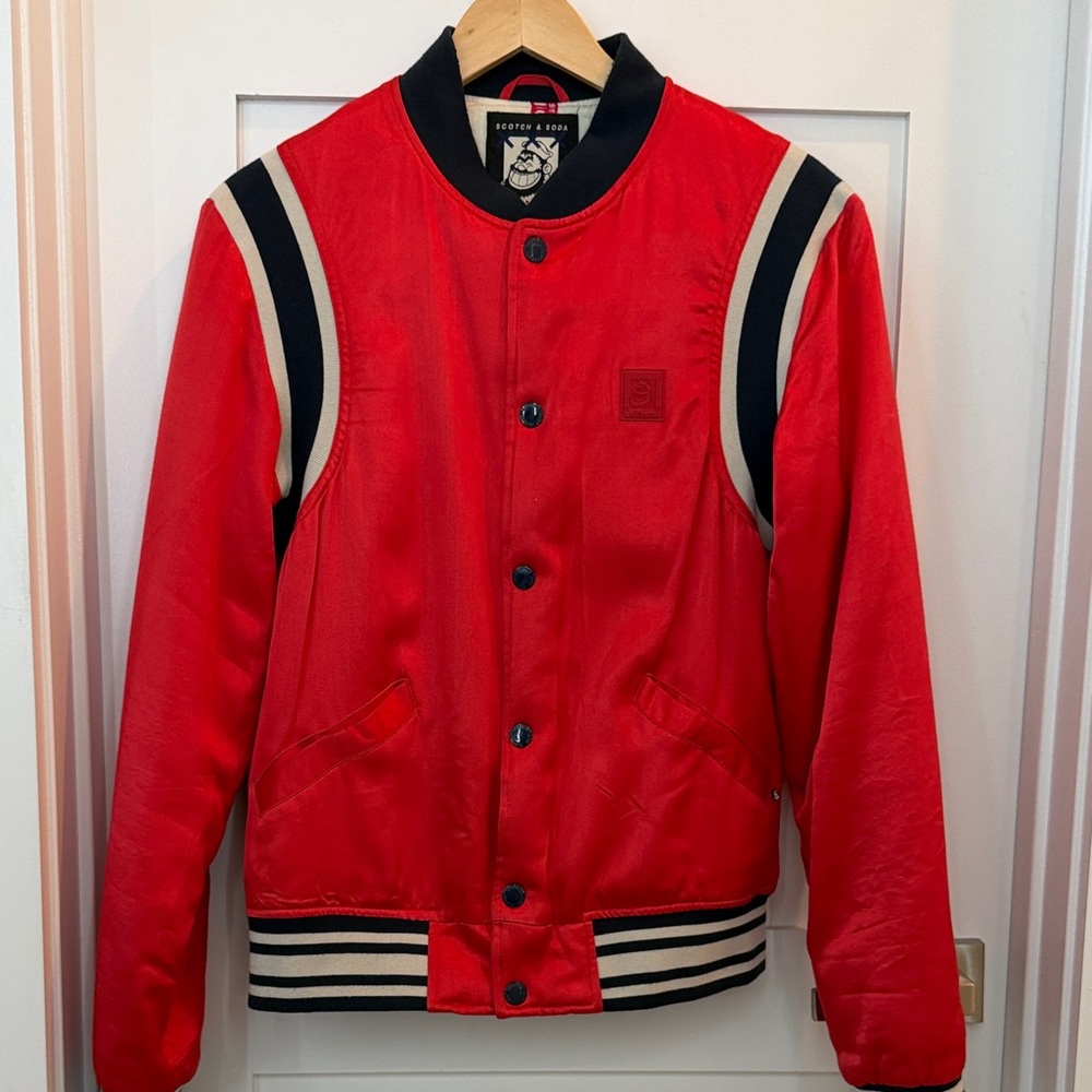 Scotch and soda Red Pier Crew Varsity Jacket with Stripes